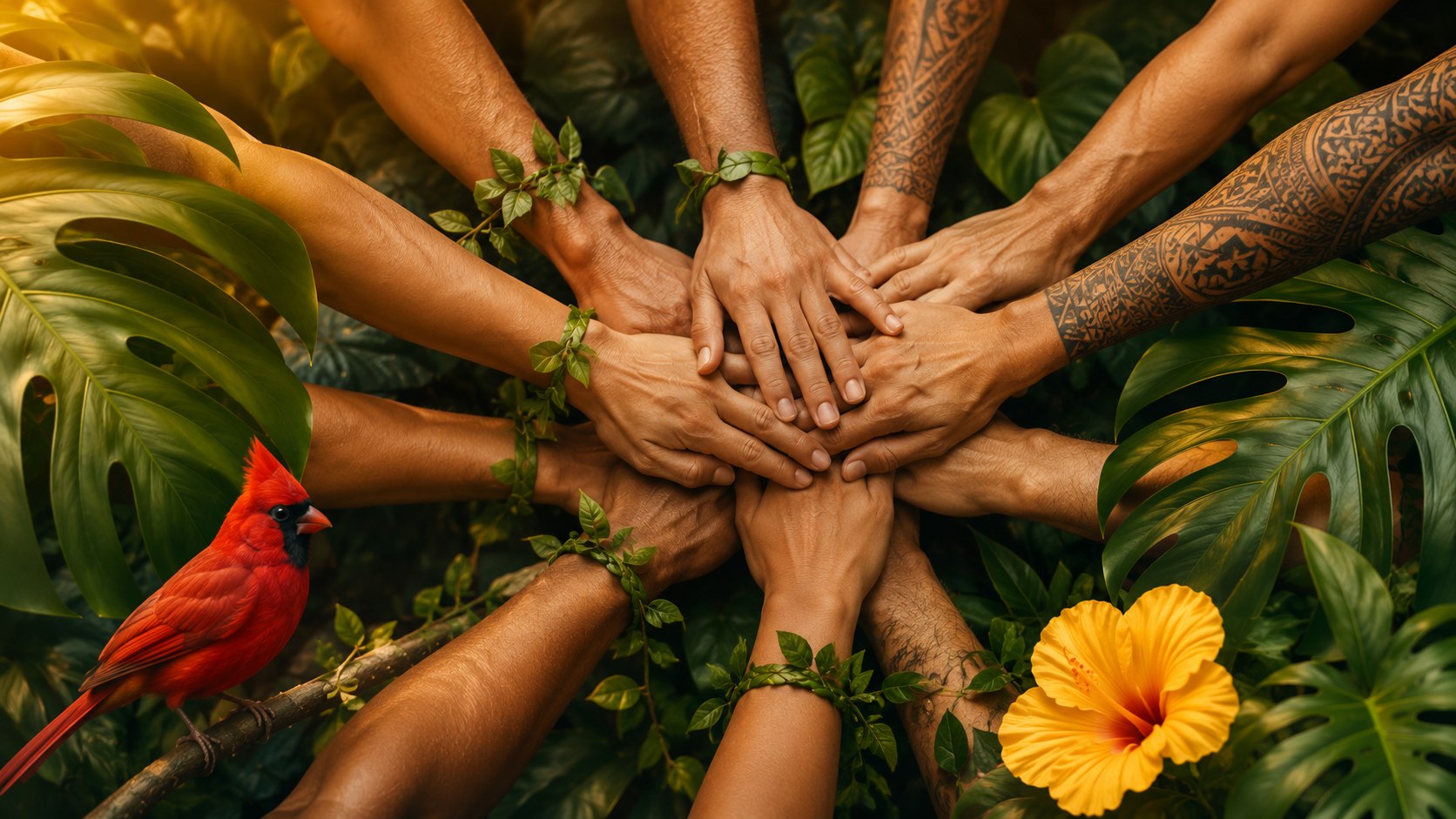 Hands joined together in a circle over lush green leaves, some wrists wrapped in vines and Polynesian tattoos, with a red cardinal perched to one side and a yellow hibiscus flower to the other